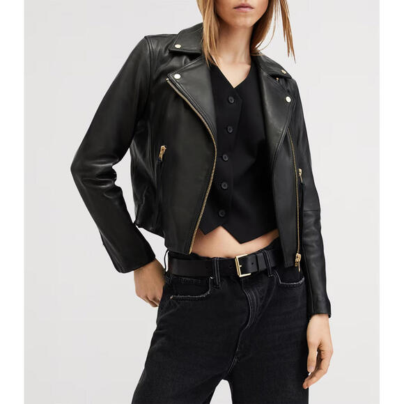 AllSaints Dalby Slim Fit Leather Biker Jacket Black/Gold - Picture 5 of 13